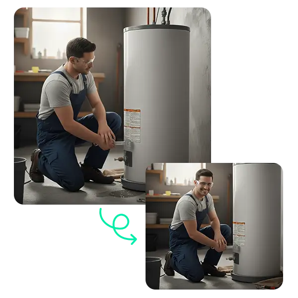 Smiling male technician in overalls and safety glasses kneeling next to a repaired water heater, holding a wrench.